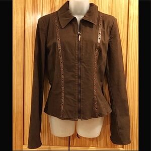 NWOT-Unique Expensive Vintage  Dark Brown Denim Jacket w/Leather Trim